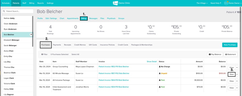 in the profile, you'll be brought to the billing area. The invoices are listed in reverse chronological order and the view button is on the far right of the screen