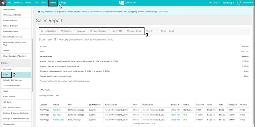 An image of what the sales report looks like and where to find the filters to help narrow down the data