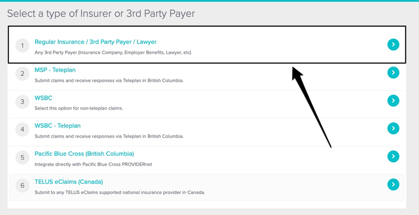 screenshot of where to select the insurer type