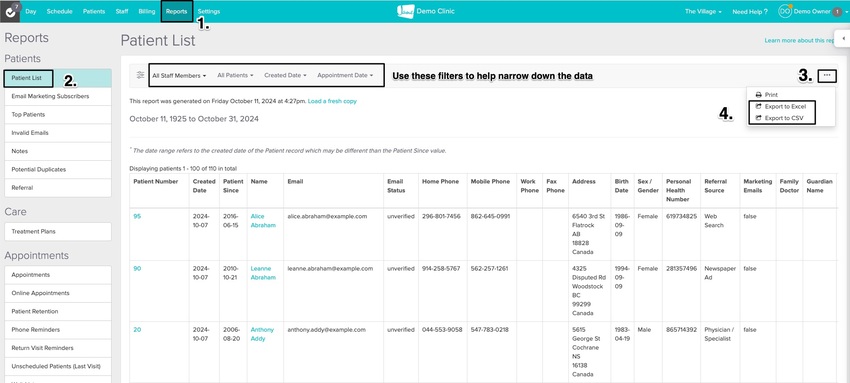 An image displaying where to find this report in the reports tab,use the filters and where to export