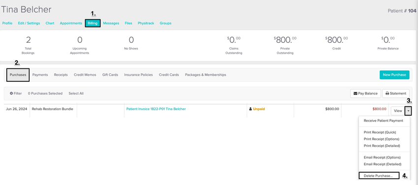 screenshot of the patient's billing tab, the dropdown arrow to the right of view and Delete Purchase
