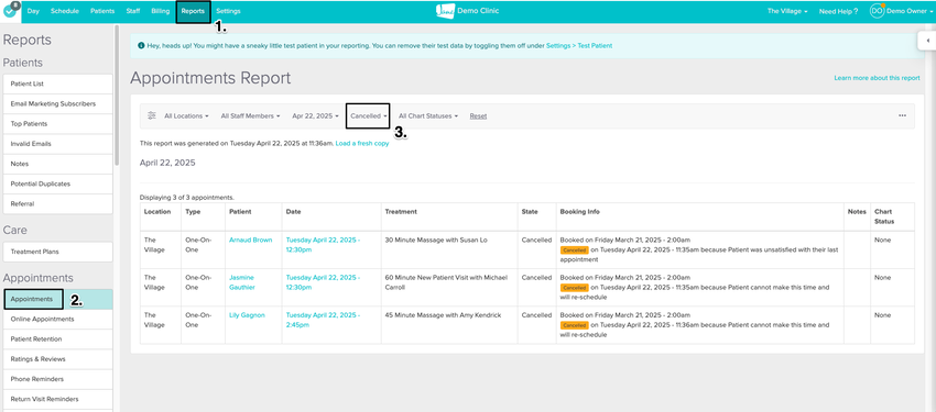 An image of the report filtered to Cancelled