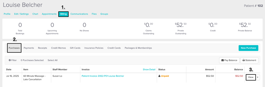 An image of the navigationanl steps to view the purchase screen for a late cancellation invoice