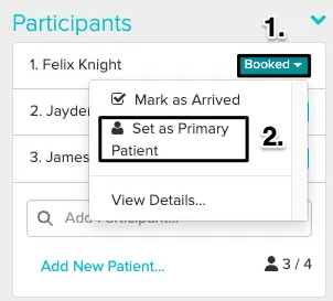 An image of the change to booked once the appointment is marked as unarrived so you can change the primary patient