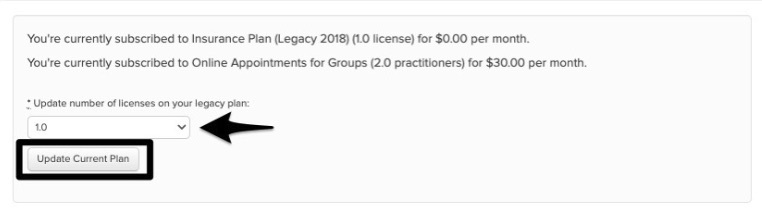 An image of what it looks like to update the Jane license count on a Legacy subscription plan