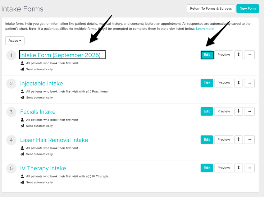 An image of the options to edit an existing form or create a new one