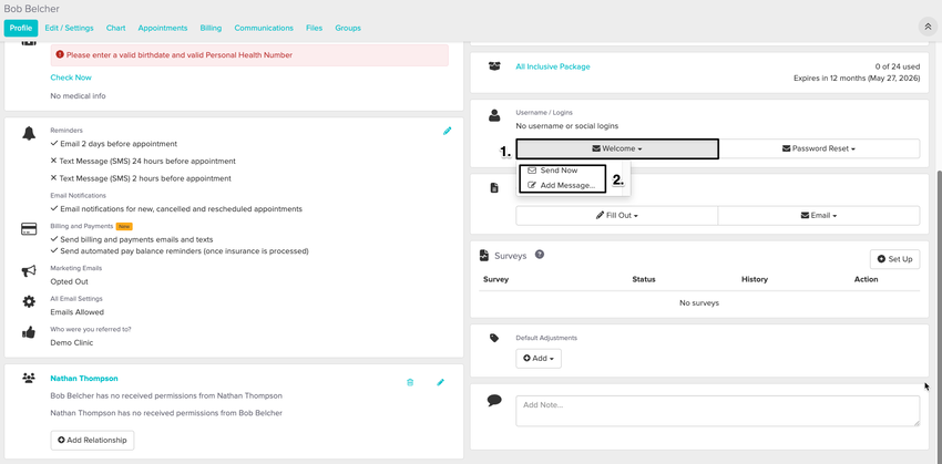 An image of a patient's profile, clicked on the profile tab and where to view and send a welcome email