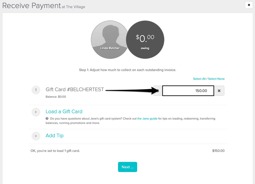 An image of the initial receive payment screen and where to enter the amount loading onto the card