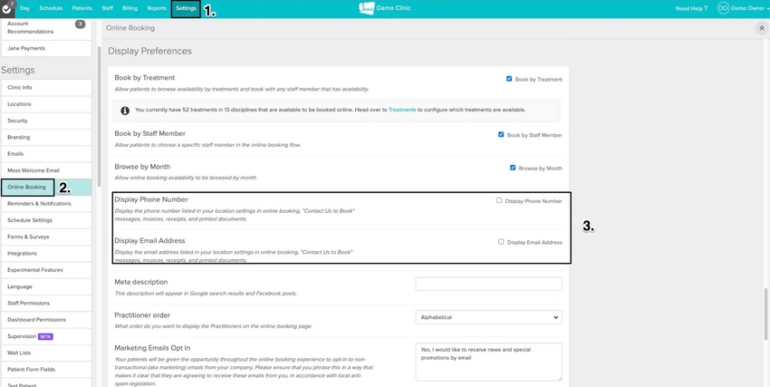 An image of where to view and disable both options for the phone number and email address