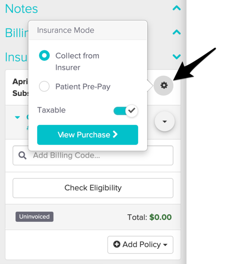 A screenshot of the black cogwheel icon within the appointment panel and where to view the insurance mode on a claim