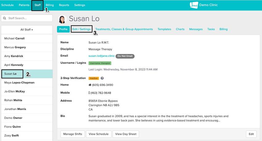 Image showing to click on the staff tab in the top menu, then select a staff member on the left