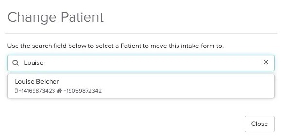 An image of what it looks like to search and select the patient's name within the pop up
