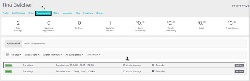 screenshot of appointments tab within a patient's profile