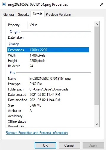 An image of what the pop-up window looks like and where to view the dimensions within the details section