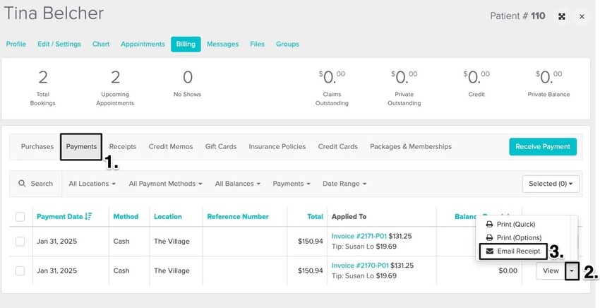 An image of the payments tab and the navigational steps to reissue a patient receipt from their profile