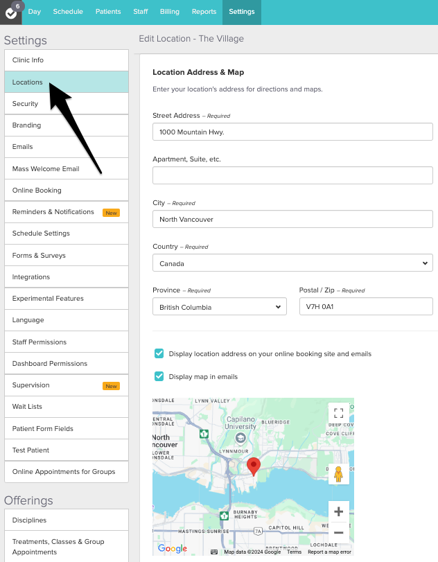 location settings for map