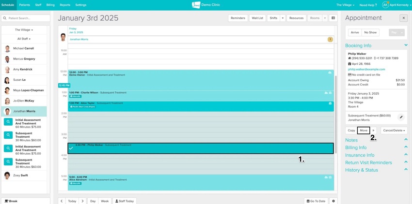 An image of the navigational steps and where to find the option to move the appointment using the Move button