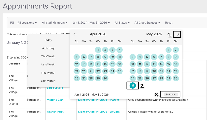 An image of the navigational steps to include any appointments in the future for the following year and where Jane displays the number of days selected