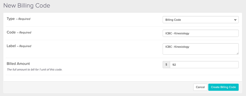 screenshot of what the billing code fields should look like
