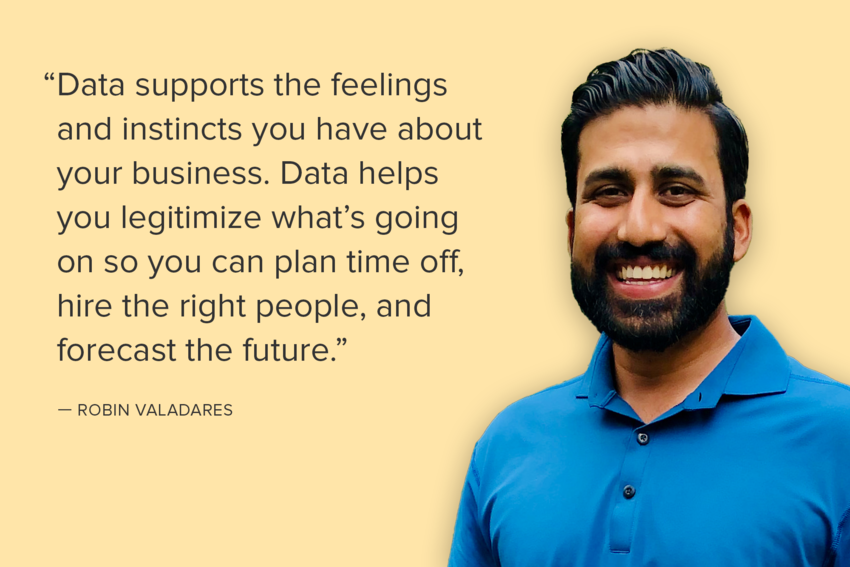 Robin Valadares smiles for the camera. He has dark hair and a beard and wears a blue polo shirt. Beside Robin, against a yellow background, is a quote from him: "Data supports the feelings and instincts you have about your business. Data helps you legitimize what's going on so you can plant time off, hire the right people, and forecast the future."