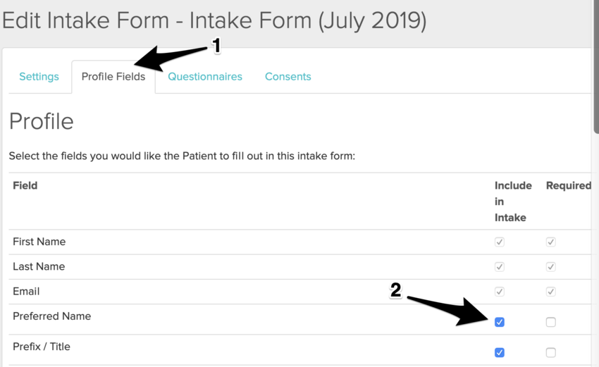 Intake form profile fields