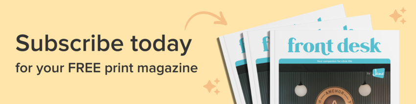 The cover of Front Desk magazine against a yellow background with the text: "Subscribe today for your FREE magazine"