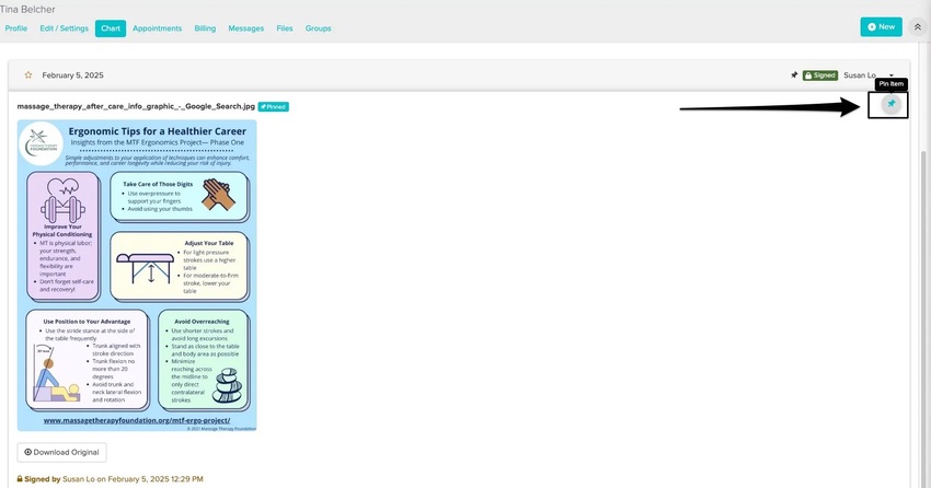 An image of where the pin icon appears in the top right of the pinned chart entry