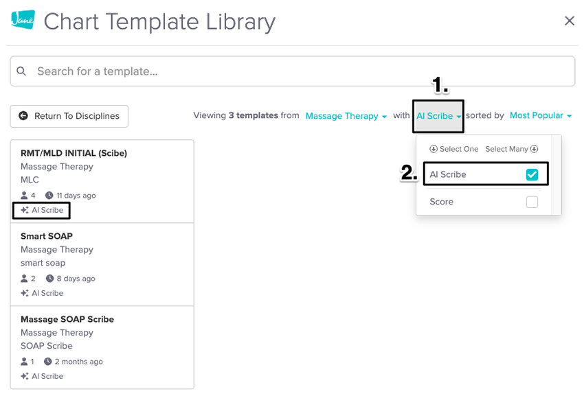 an image of the navigational steps to sort the. template library by AI enabled templates