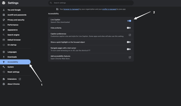 An image of where to find the Accessibility and closed caption options