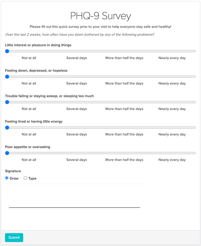 An image of a the patient experience using a PHQ scorable survey as an example
