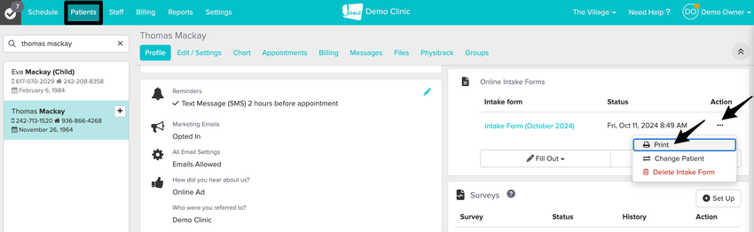 Online Intake Forms section of a patient Profile page with the button to print