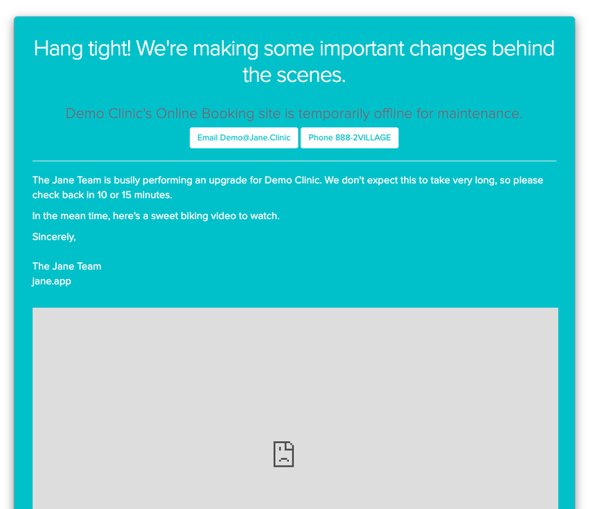 An image of what the account is offline or hang tight, we're making some important changes behind the scenes message for patients viewing the online booking site