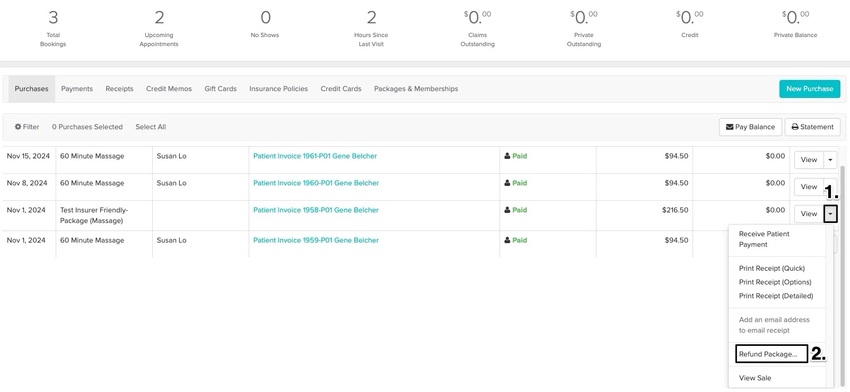 An image of where to view and click on the dropdown arrow and then selecting refund package