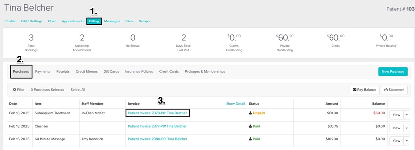 An image of the navigational steps, where to view and click on the blue text with the invoice number