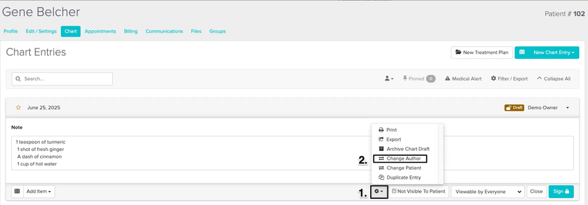 An image of the navigational steps for changing the author of a chart entry