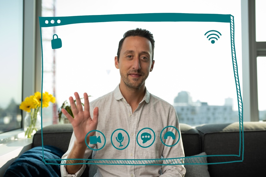 A therapist appears on-screen and waves