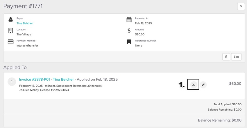 An image of where to click on the unapply button to remove the payment from the invoice