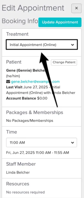 An image of where to view and click on the dropdown menu to select the new treatment type