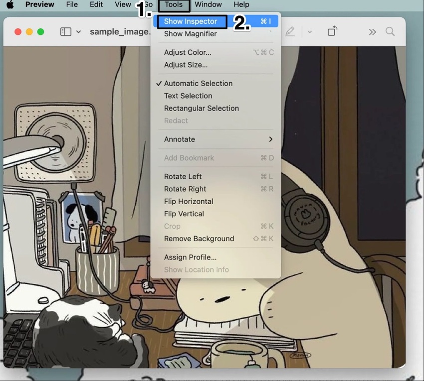 An image of where to view and find tools within an apple devices menu and then selecting show inspector from the dropdown menu options