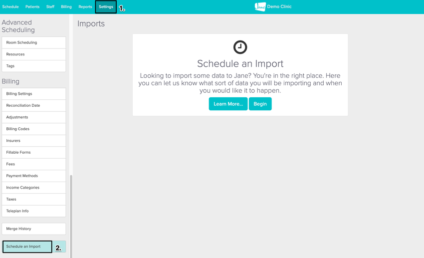 An image of the navigational steps to initiated an import through the Settings tab and then clicking on Schedule an Import within the left menu
