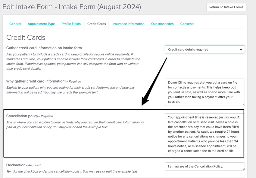 screenshot of the credit cards tab for clinics using Jane Payments