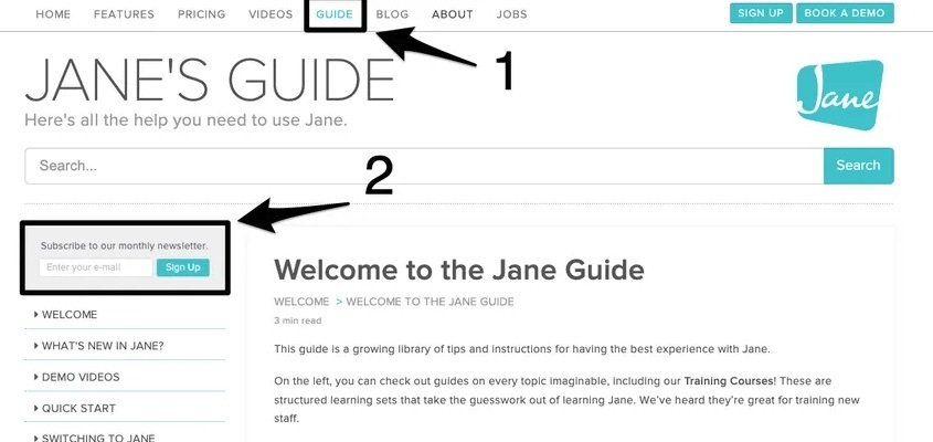 An image of where to view the sign up for the newsletter on the Jane website