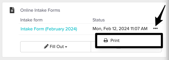 the print option in the Online Intake Forms section of a patient's Profile