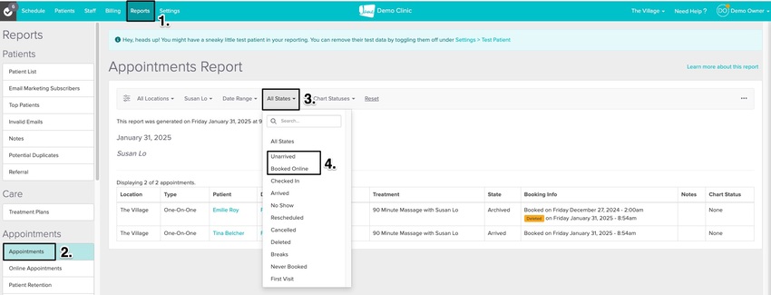 An image of the appointments report with the option of filtering it to unarrived appointments or ones booked by patients online
