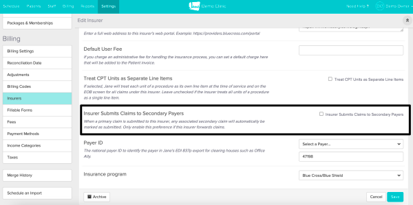 Billing secondary insurance: Insurer Settings window