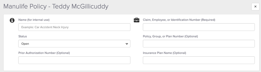 An image of where to enter in the patient's policy infomration along with a custom name for internal use, the status, authorization number and insurance plan name