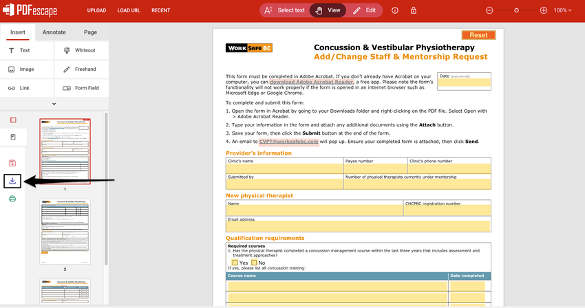 An image of where to view and click on the download icon within PDFscape's website