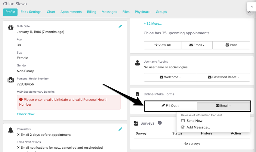 sending an intake form from the patient profile