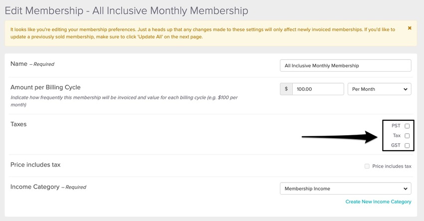 screenshot of where to remove a tax under a membership or package