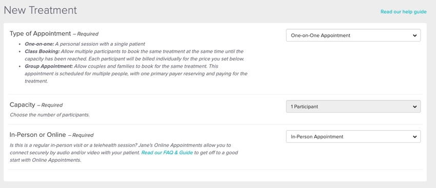 An image of the first part of adding treatments, services or sessions to the Jane account